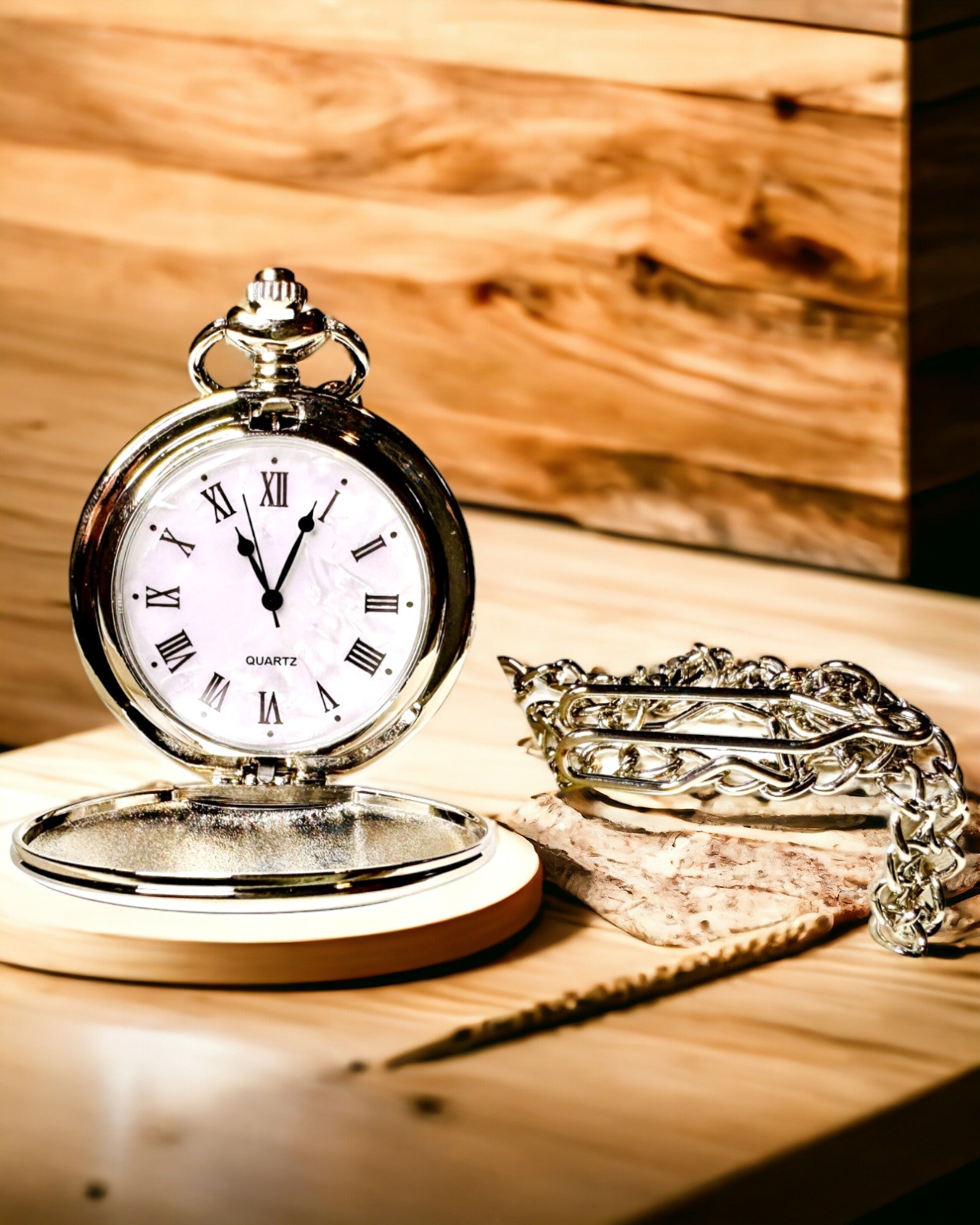 Klassisk Fickur med Romerska Siffror och Kedja, Kvarts, Stålglans - silverfärg