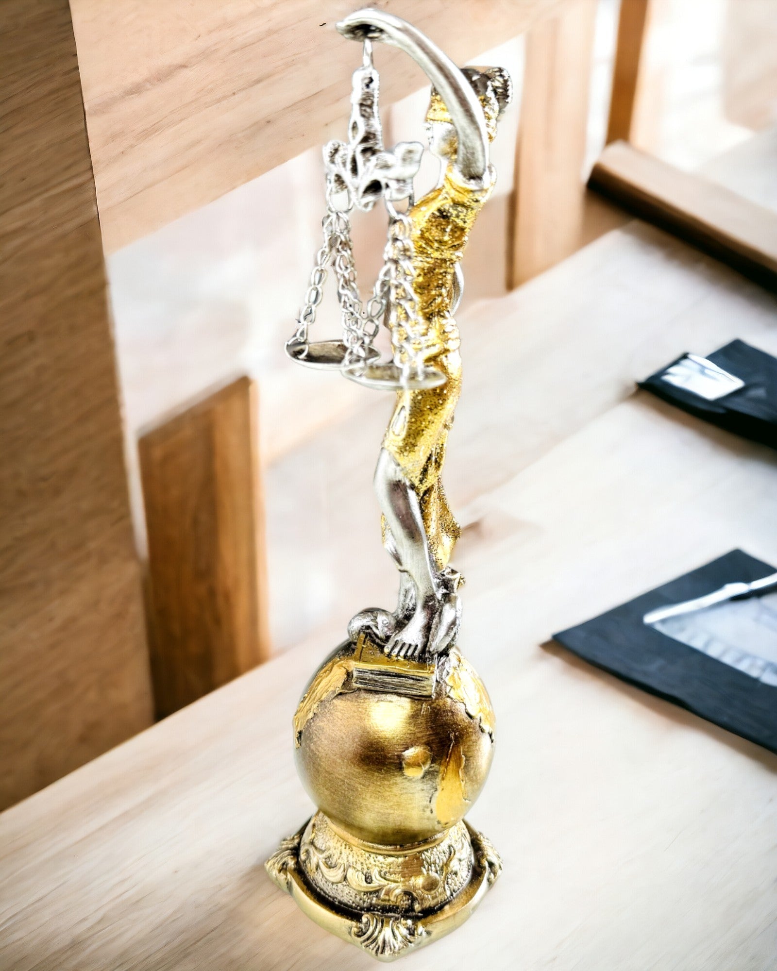 Statuett av Rättvisans Gudinna – Konstnärlig Dekoration för Hylla, Hantverk av Harts, personalisering med gravyr