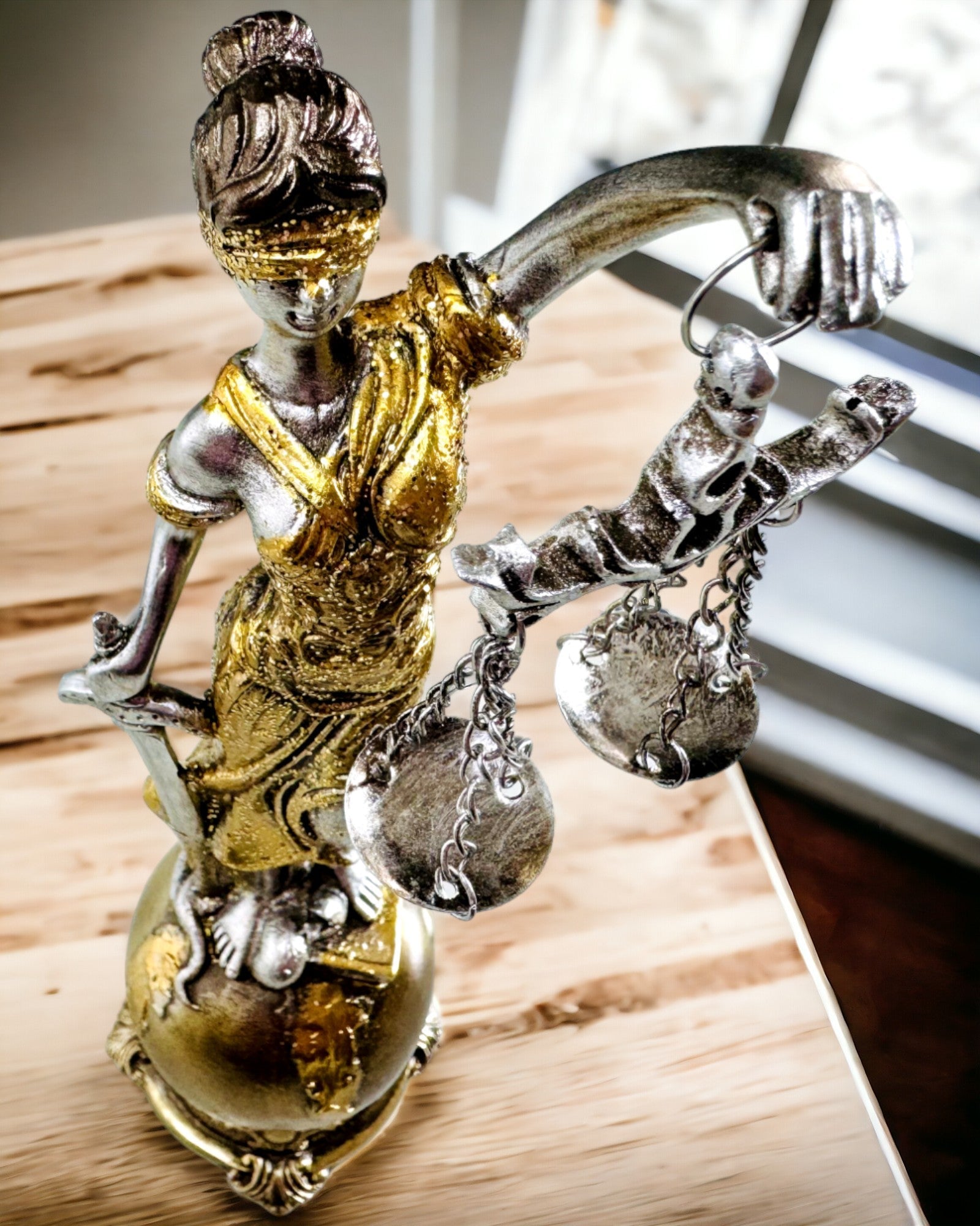 Statuett av Rättvisans Gudinna – Konstnärlig Dekoration för Hylla, Hantverk av Harts, personalisering med gravyr