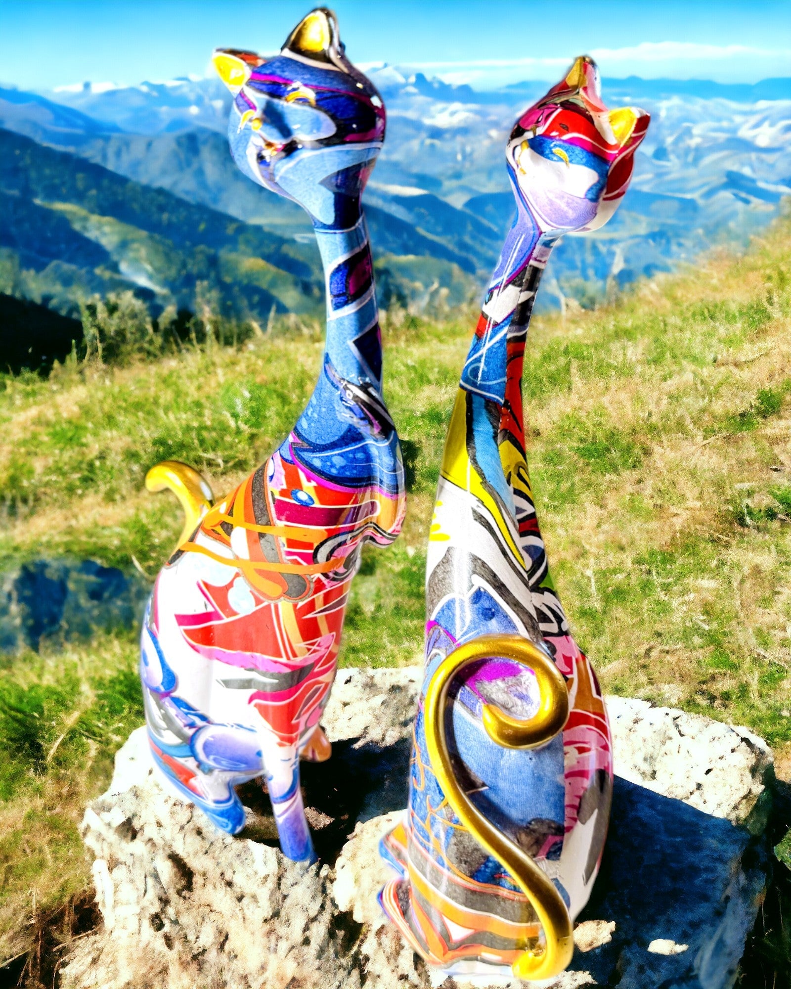 Abstrakta Kattfigurer "ArtCats", Handmålade, Harts – 25 cm, 2 st.
