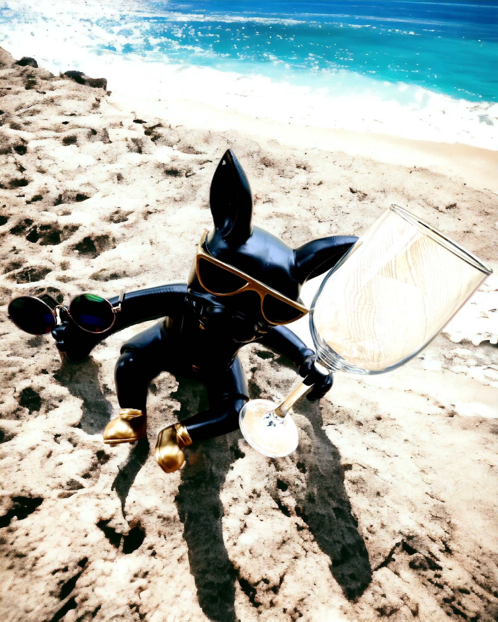 Exklusiv figur "Stilfull Bulldog", svart färg, ställ för vinglas eller champagneglas, personalisering med gravyr