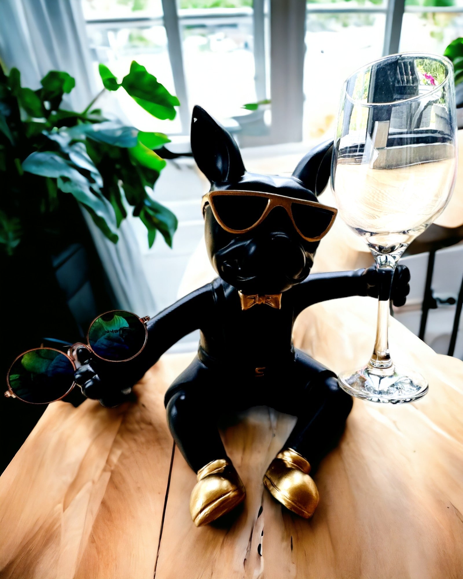 Exklusiv figur "Stilfull Bulldog", svart färg, ställ för vinglas eller champagneglas, personalisering med gravyr