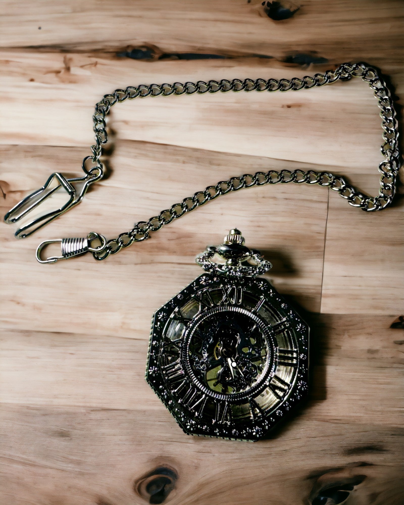 Klassisk i silverfärg Åttakantig Mekanisk Fickur med Genombruten Urskiva i Steampunk-stil