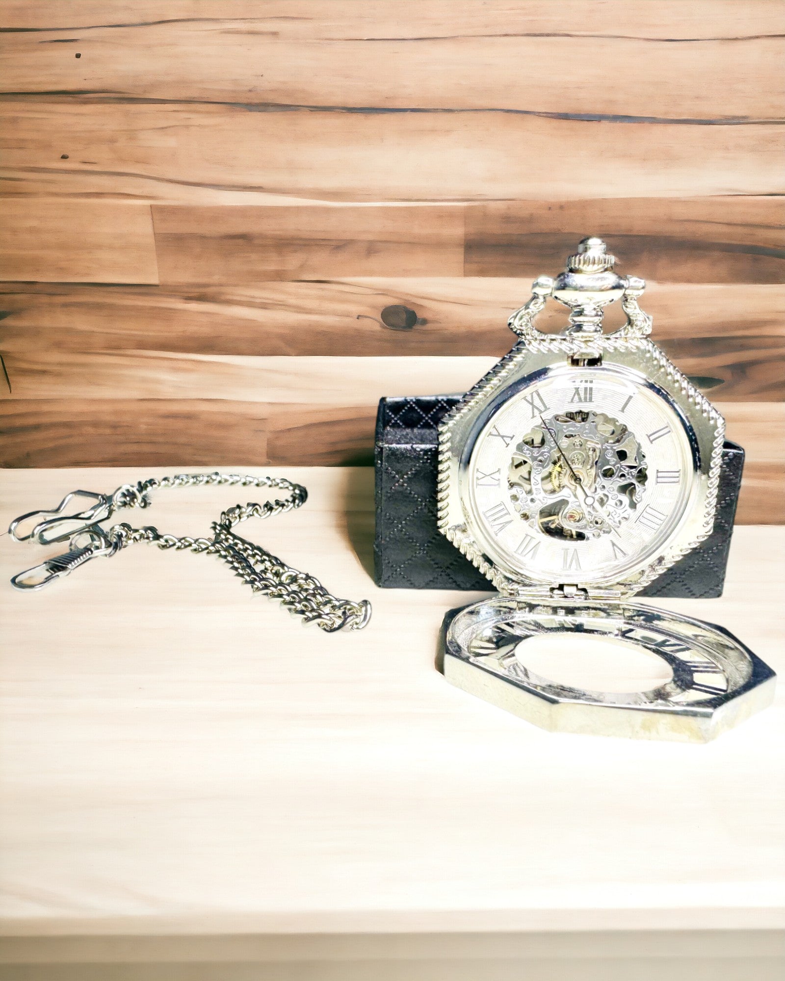 Klassisk i silverfärg Åttakantig Mekanisk Fickur med Genombruten Urskiva i Steampunk-stil