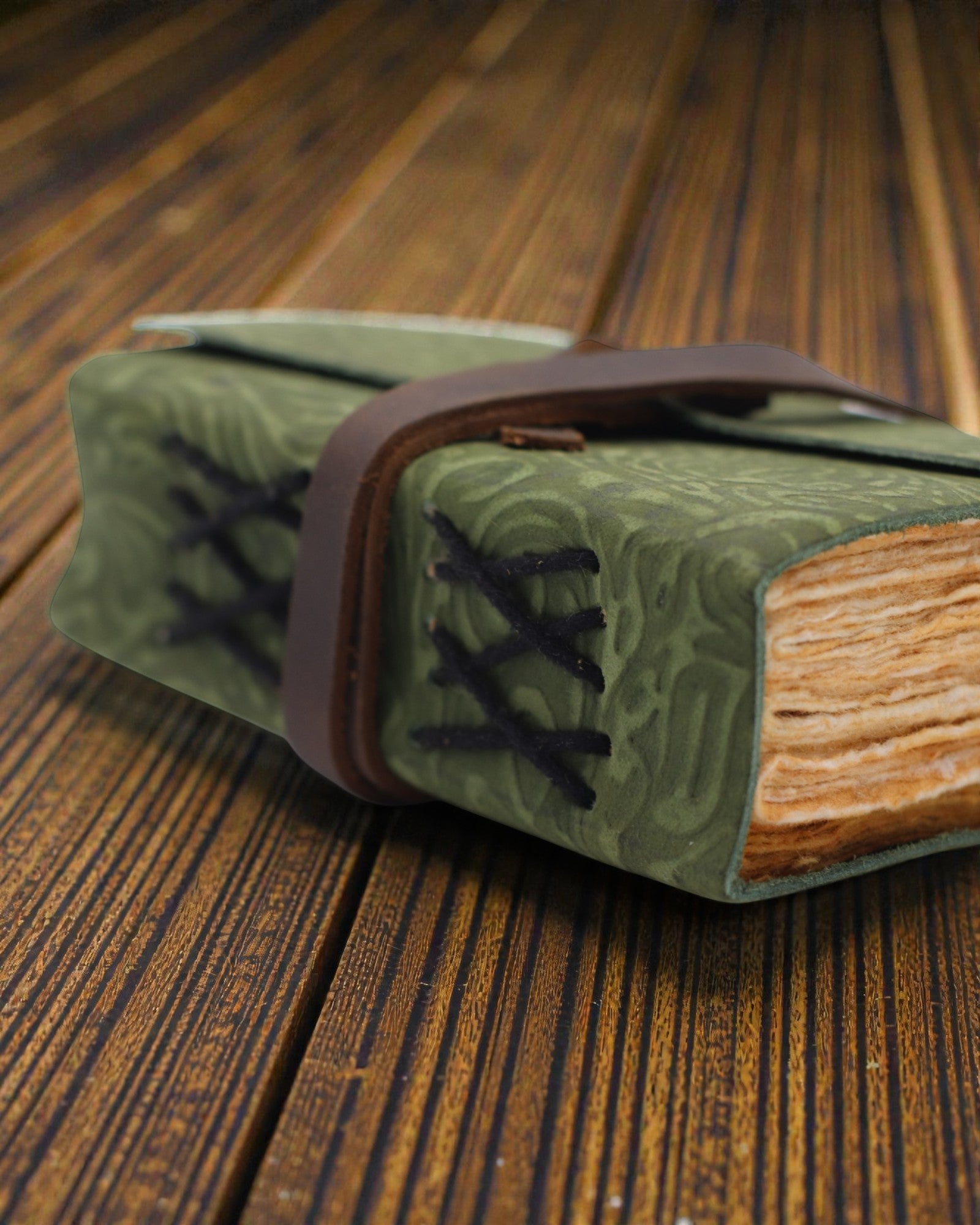 Green Maze Vintage – läderinbunden anteckningsbok med åldrade sidor 12,7 × 8,9 cm