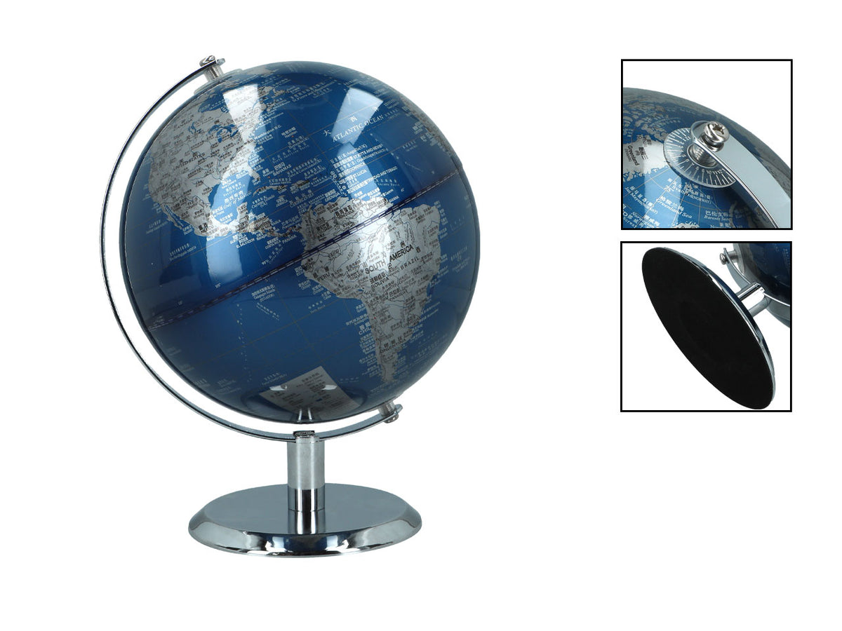 Liten dekorativ jordglob i blåsilverfärg, med möjlighet till personlig gravyr, perfekt som present, 20 cm hög, elegant vardagsrumsdekoration med geografiska namn på engelska och kinesiska.