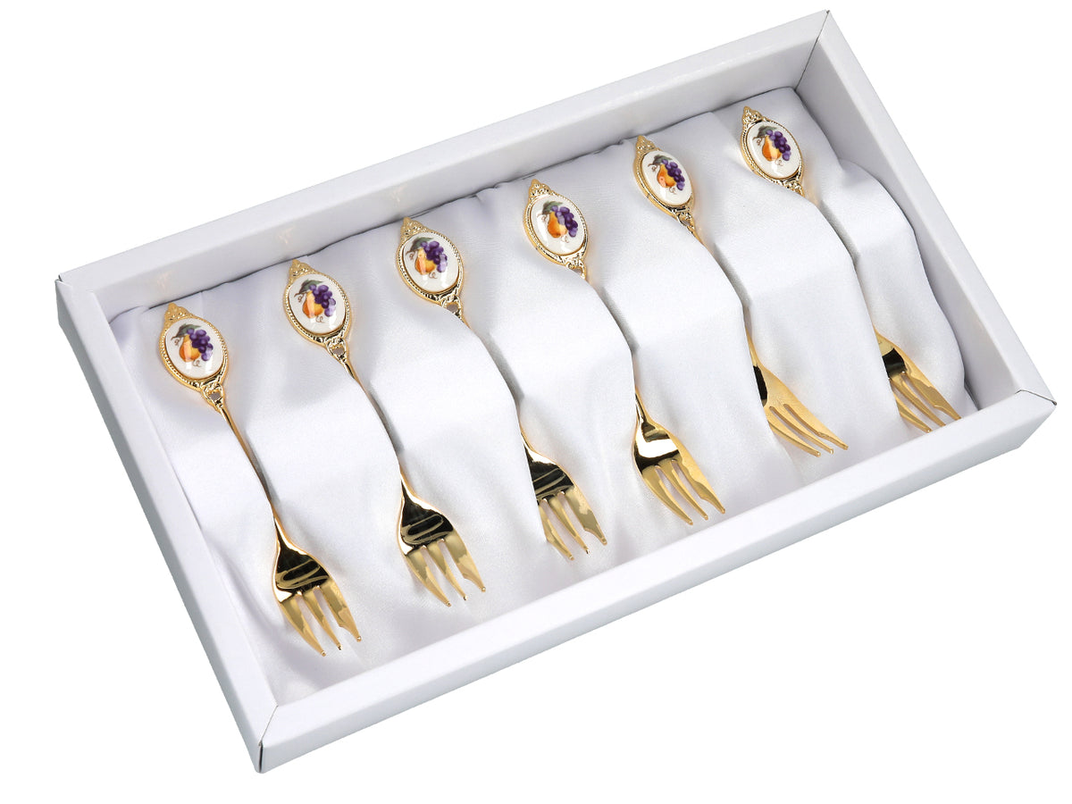 Set med 6 gafflar, gafflar guldförgyllda i 24K guld, fruktmotiv