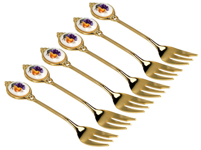 Set med 6 gafflar, gafflar guldförgyllda i 24K guld, fruktmotiv