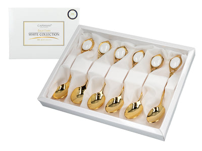 Set med 6 teskedar guldförgyllda i 24K guld, Vita ögon CARMANI, med möjlighet till personlig gravyr - elegant present för alla tillfällen, mått 13 cm