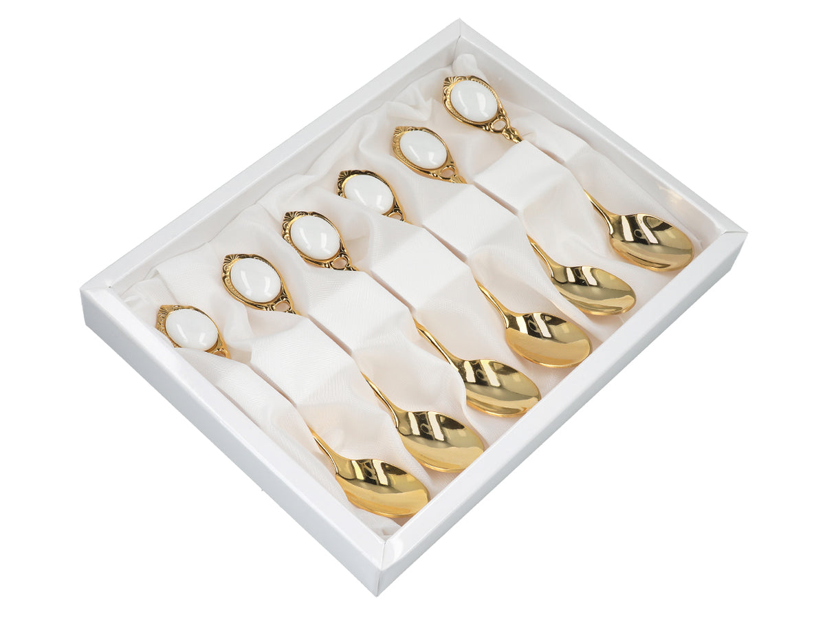 Set med 6 teskedar guldförgyllda i 24K guld, Vita ögon CARMANI, med möjlighet till personlig gravyr - elegant present för alla tillfällen, mått 13 cm
