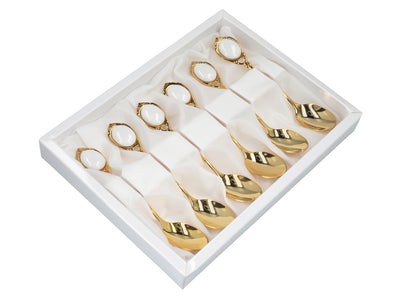 Set med 6 teskedar guldförgyllda i 24K guld, Vita ögon CARMANI, med möjlighet till personlig gravyr - elegant present för alla tillfällen, mått 13 cm