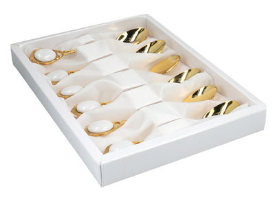 Set med 6 teskedar guldförgyllda i 24K guld, Vita ögon CARMANI, med möjlighet till personlig gravyr - elegant present för alla tillfällen, mått 13 cm
