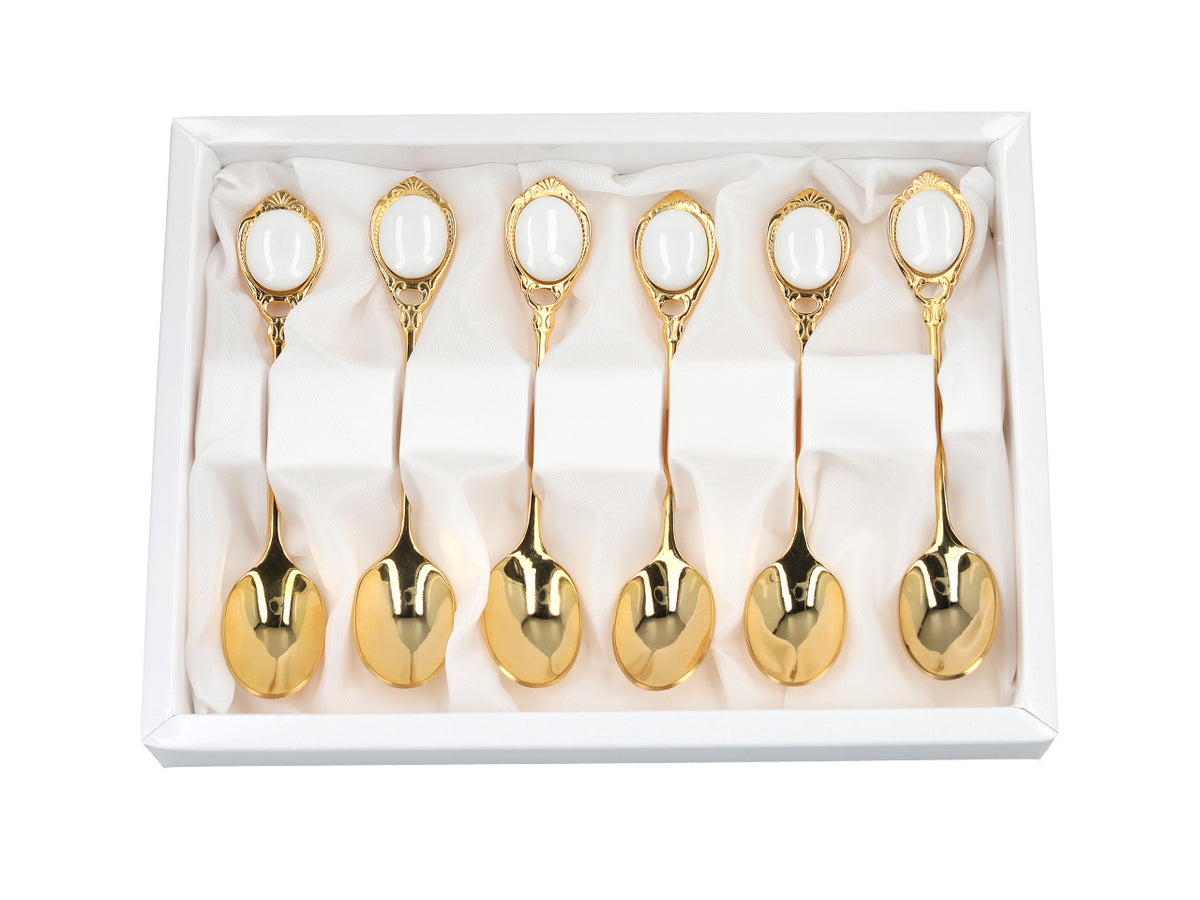 Set med 6 teskedar guldförgyllda i 24K guld, Vita ögon CARMANI, med möjlighet till personlig gravyr - elegant present för alla tillfällen, mått 13 cm