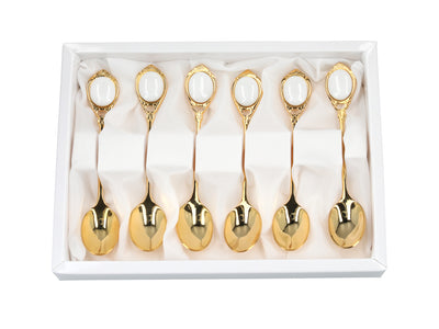 Set med 6 teskedar guldförgyllda i 24K guld, Vita ögon CARMANI, med möjlighet till personlig gravyr - elegant present för alla tillfällen, mått 13 cm
