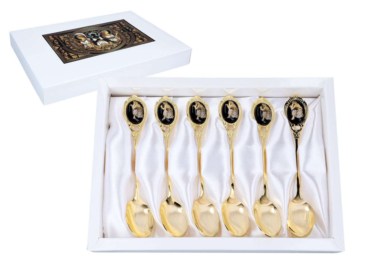 Set med 6 skedar belagda med 24K guld med grekiskt motiv