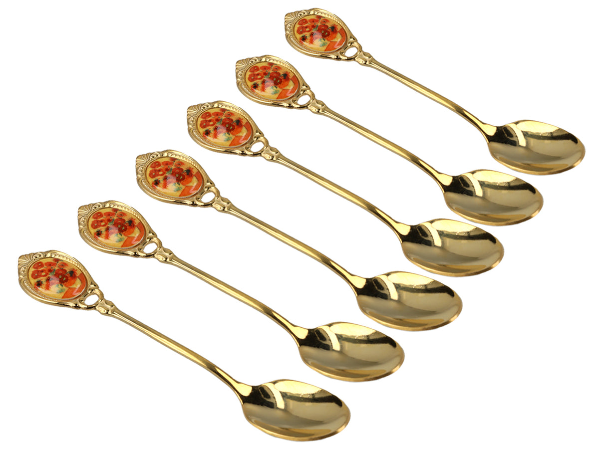 Set med 6 gyllene skedar med motiv av Vincent van Goghs solrosor