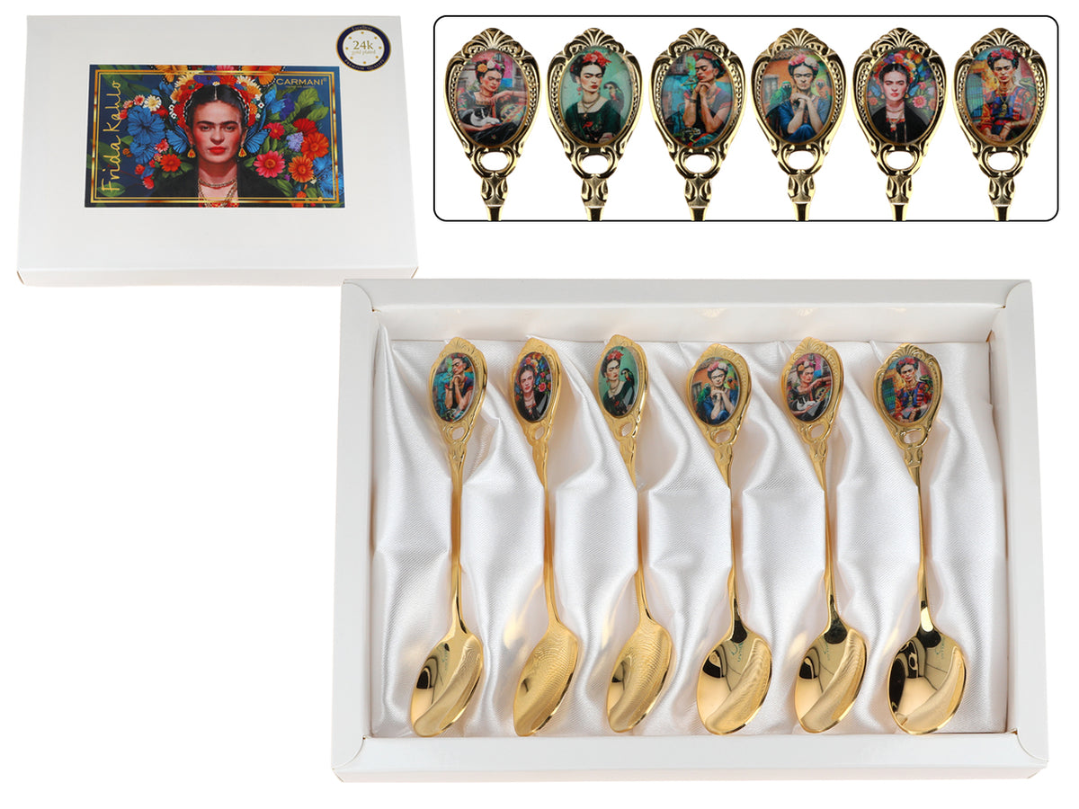 Set med 6 skedar belagda med 24K guld, F. Kahlo, med möjlighet till personlig gravyr - eleganta bestick som present, 13 cm, CARMANI