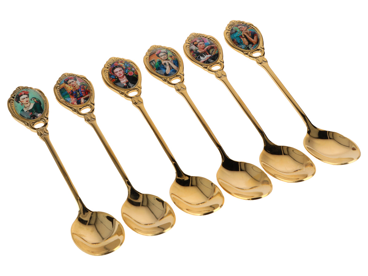 Set med 6 skedar belagda med 24K guld, F. Kahlo, med möjlighet till personlig gravyr - eleganta bestick som present, 13 cm, CARMANI
