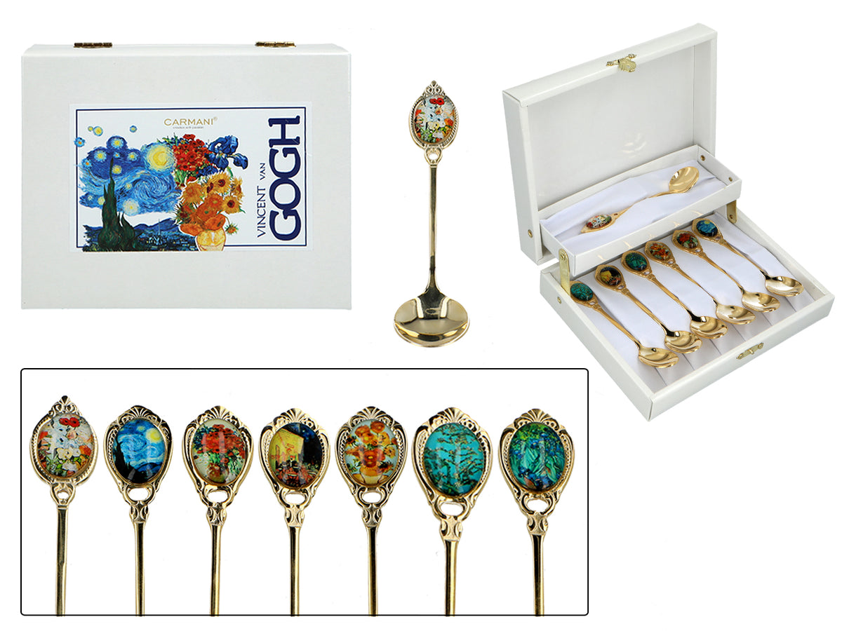 Set med 6 skedar belagda med 24K guld och 1 sockersked - V. van Gogh, blandade motiv, möjlighet till personlig gravyr, elegant presentförpackning, mått 13 cm