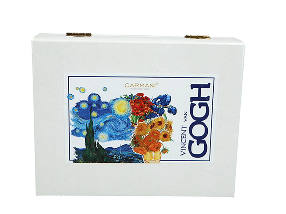 Set med 6 skedar belagda med 24K guld och 1 sockersked - V. van Gogh, blandade motiv, möjlighet till personlig gravyr, elegant presentförpackning, mått 13 cm