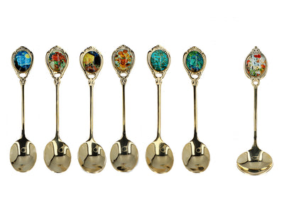 Set med 6 skedar belagda med 24K guld och 1 sockersked - V. van Gogh, blandade motiv, möjlighet till personlig gravyr, elegant presentförpackning, mått 13 cm