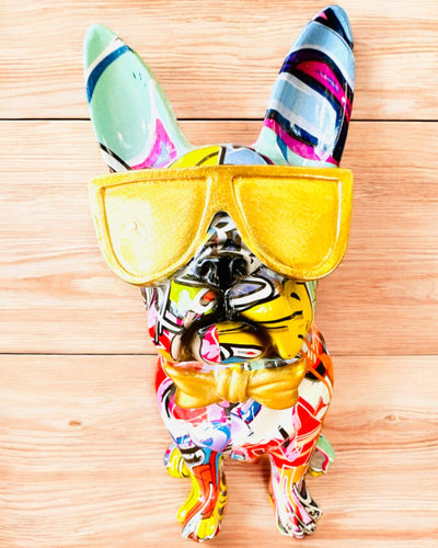 Färgglad Bulldog med Glasögon - Unik Inredningsdekoration, dekorativ figur som present, personalisering med gravyr