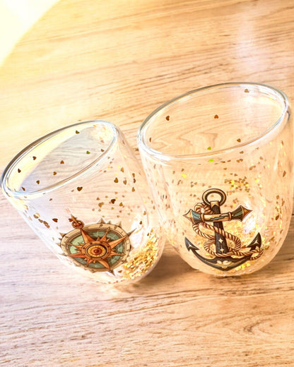 "Nautical Dreams" glas med dubbla väggar och guldflingor - set om 2 st., 300 ml kapacitet, möjlighet till personlig gravyr