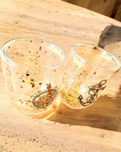 "Nautical Dreams" glas med dubbla väggar och guldflingor - set om 2 st., 300 ml kapacitet, möjlighet till personlig gravyr
