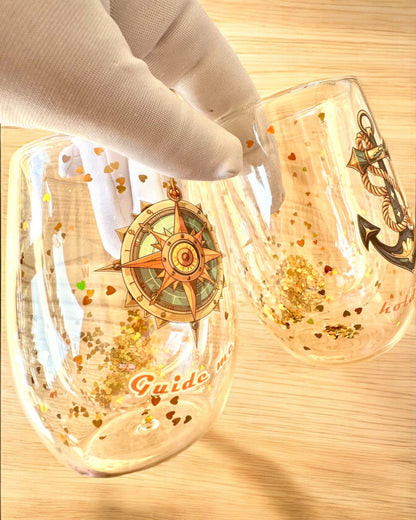 "Nautical Dreams" glas med dubbla väggar och guldflingor - set om 2 st., 300 ml kapacitet, möjlighet till personlig gravyr