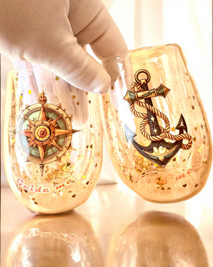 "Nautical Dreams" glas med dubbla väggar och guldflingor - set om 2 st., 300 ml kapacitet, möjlighet till personlig gravyr