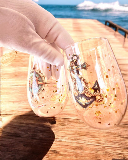 "Nautical Dreams" glas med dubbla väggar och guldflingor - set om 2 st., 300 ml kapacitet, möjlighet till personlig gravyr