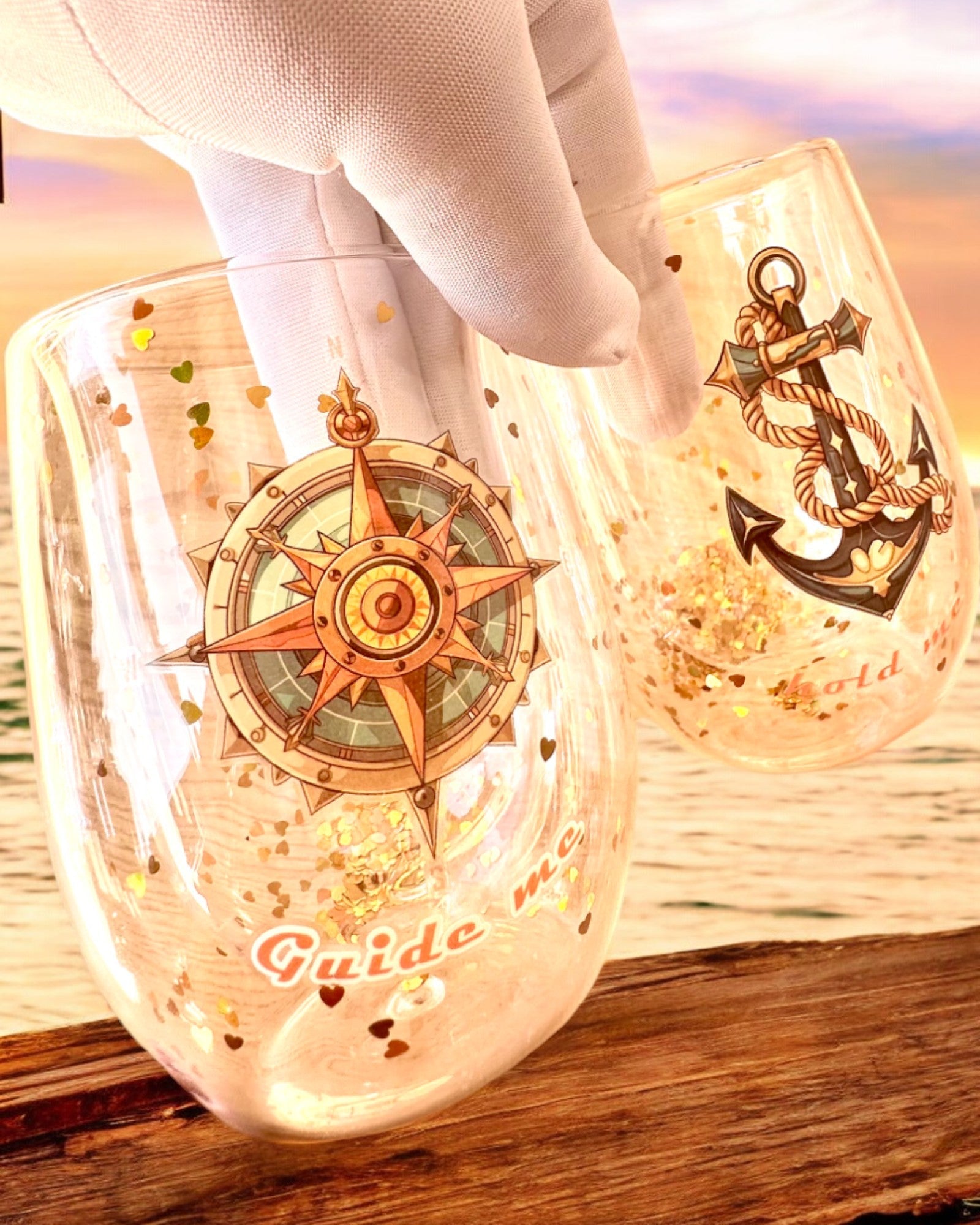 "Nautical Dreams" glas med dubbla väggar och guldflingor - set om 2 st., 300 ml kapacitet, möjlighet till personlig gravyr