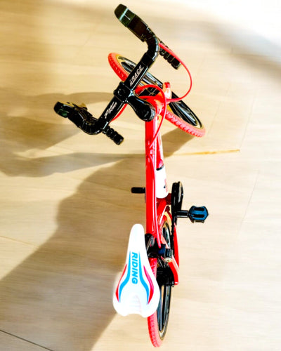 Miniatyrmodell av röd metallcykel "SpeedMaster" med personlig gravyr som present, 2 färgvarianter