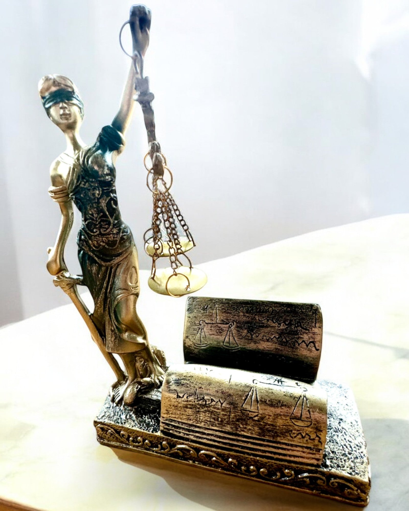 Statuett "Justicia 2" - Rättvisans Gudinna – Konstnärlig Dekoration för Hylla, Hantverk av Harts, anpassning med gravyr