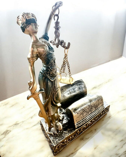 Statuett "Justicia 2" - Rättvisans Gudinna – Konstnärlig Dekoration för Hylla, Hantverk av Harts, anpassning med gravyr