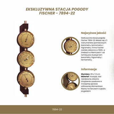 Exklusiv väderstation Fischer - Barometer hygrometer termometer - Mässing mahogny – 7894-22