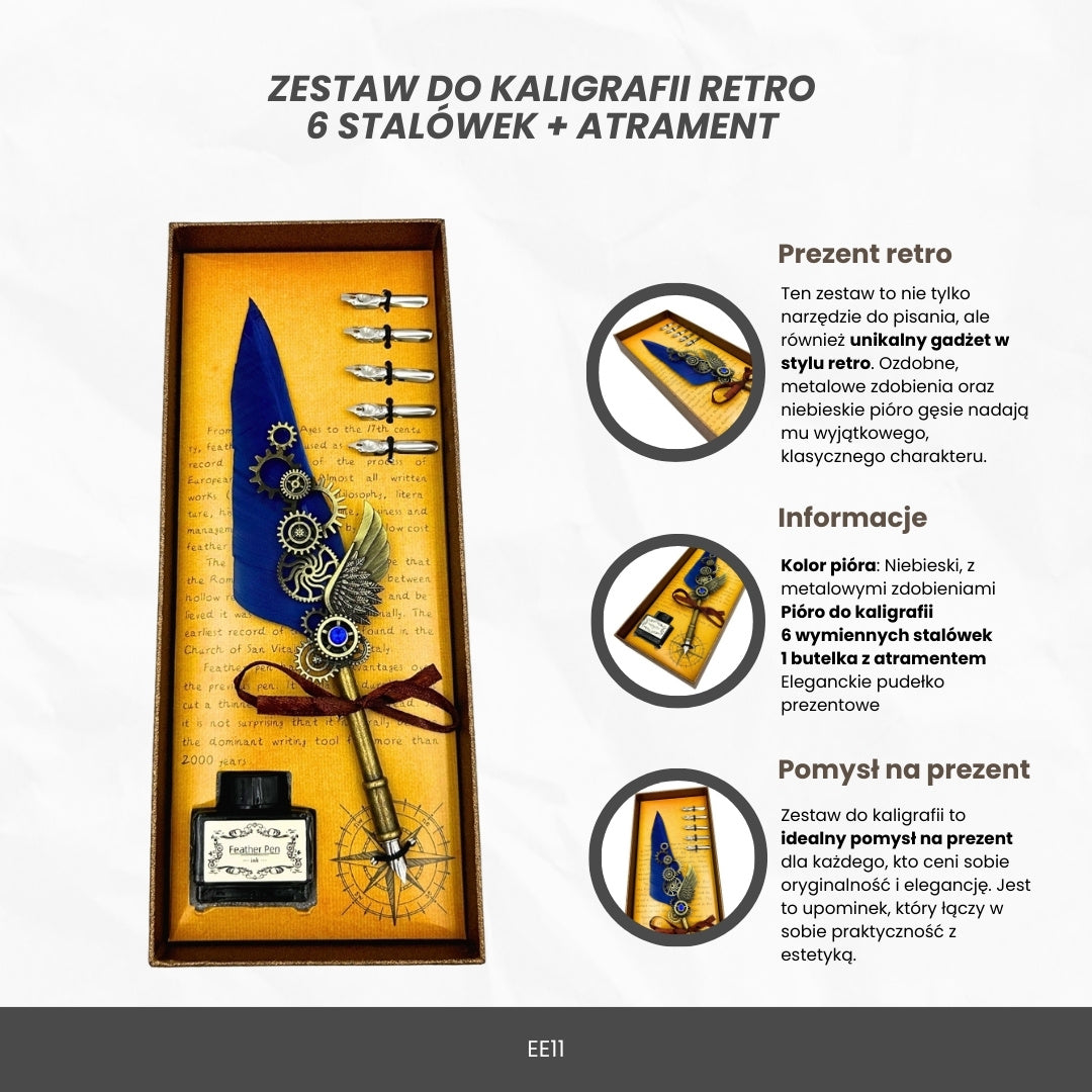Retro kalligrafiset med blå gåspenna Vintage 6 stift bläck present – EE11