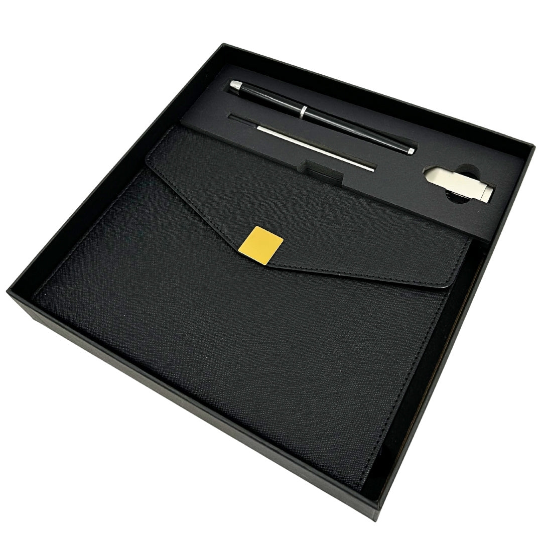 Elegant premium-presentset – A5-anteckningsbok med penna och USB-minne 16GB i ask – svart-guld – EE9