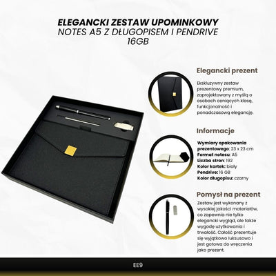 Elegant premium-presentset – A5-anteckningsbok med penna och USB-minne 16GB i ask – svart-guld – EE9