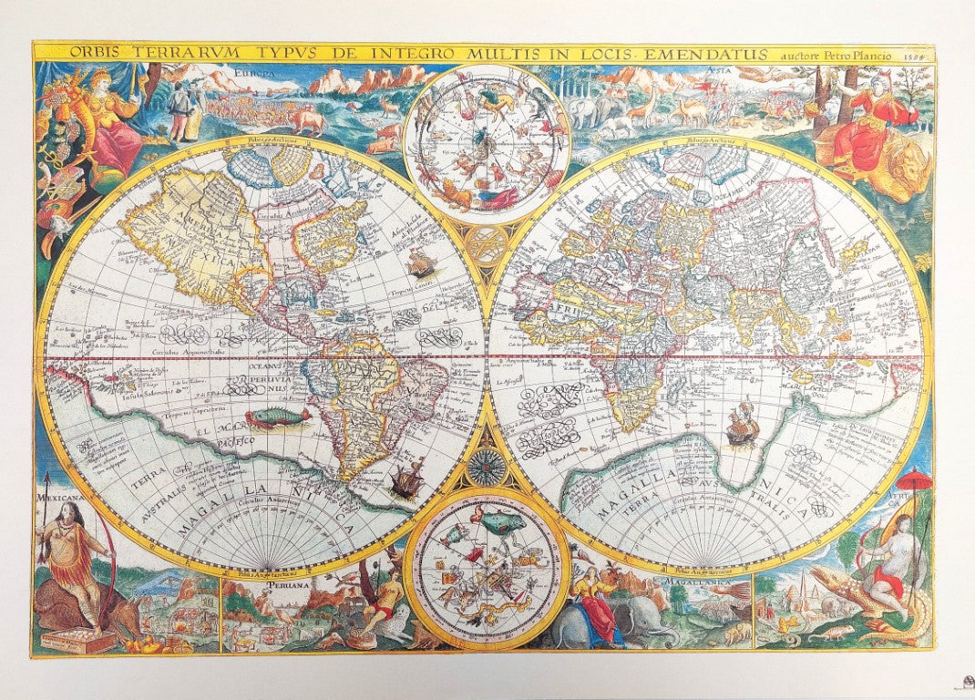 Gammal världskarta - Orbis Terrarum nytryck - P. Plancius, 1594 r. M1594