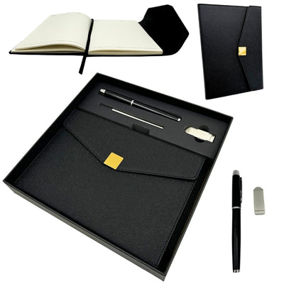 Elegant premium-presentset – A5-anteckningsbok med penna och USB-minne 16GB i ask – svart-guld – EE9