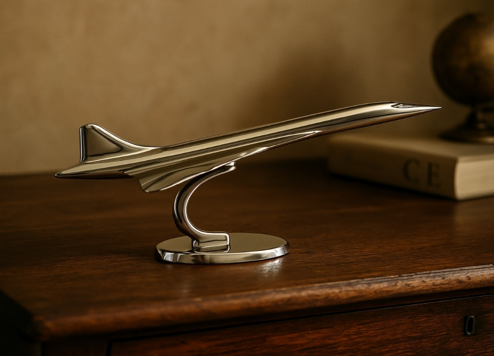 Metallmodell av Concorde-flygplan - flygets ikon - CON