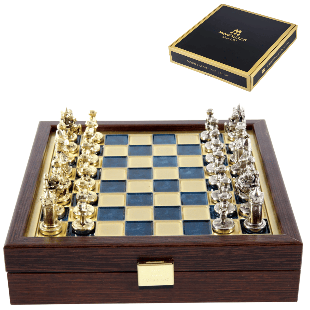 Eleganta schack i mässing, premium, 20x20cm, Bysans med personlig gravyr - perfekt present till schackspelare och historieälskare - handgjorda pjäser med guld- och silverfinish