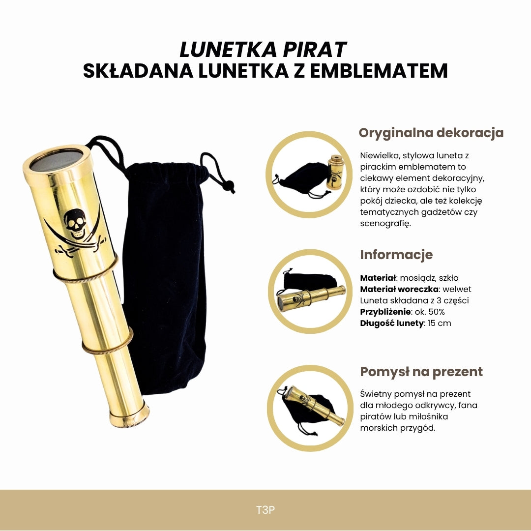 Pirattubkikare – kikare för pirat – hopfällbar tubkikare med emblem
