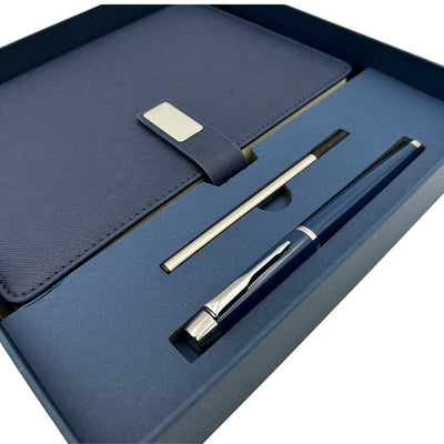 Elegant presentset, marinblå anteckningsbok i läder A5 med penna i presentask - EE13