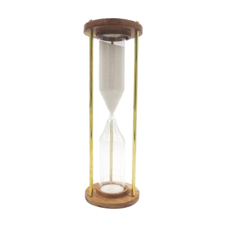 Timglas i mässing och trä, 30 min, med möjlighet till personlig gravyr – elegant present för alla tillfällen, höjd 30,5 cm, vit sand, klassiska material