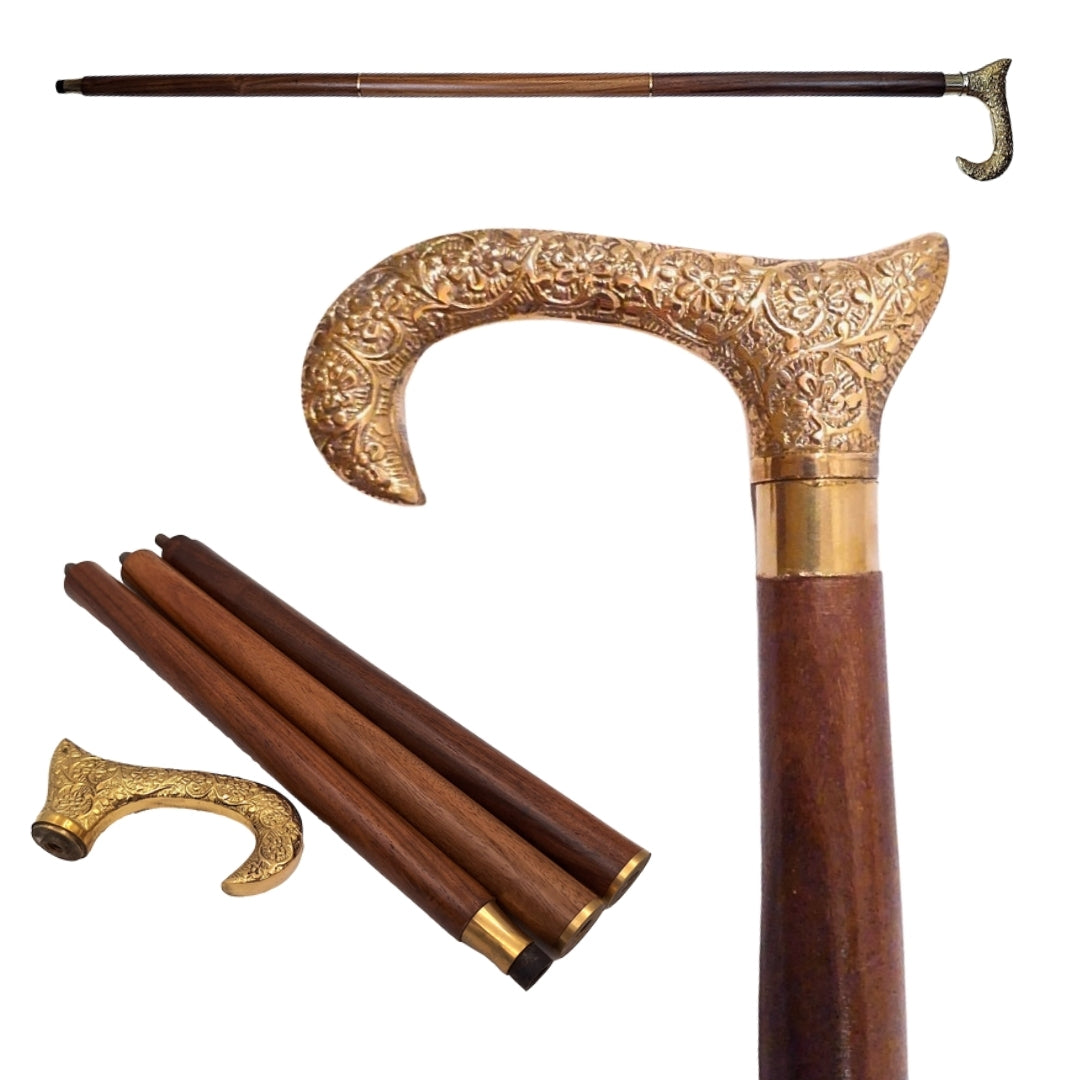 Träpromenadkäpp med guldfärgat handtag - hopfällbar - elegant present med möjlighet till personlig gravyr - 91,5 cm, brun med mässingshandtag
