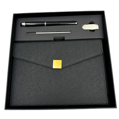 Elegant premium-presentset – A5-anteckningsbok med penna och USB-minne 16GB i ask – svart-guld – EE9