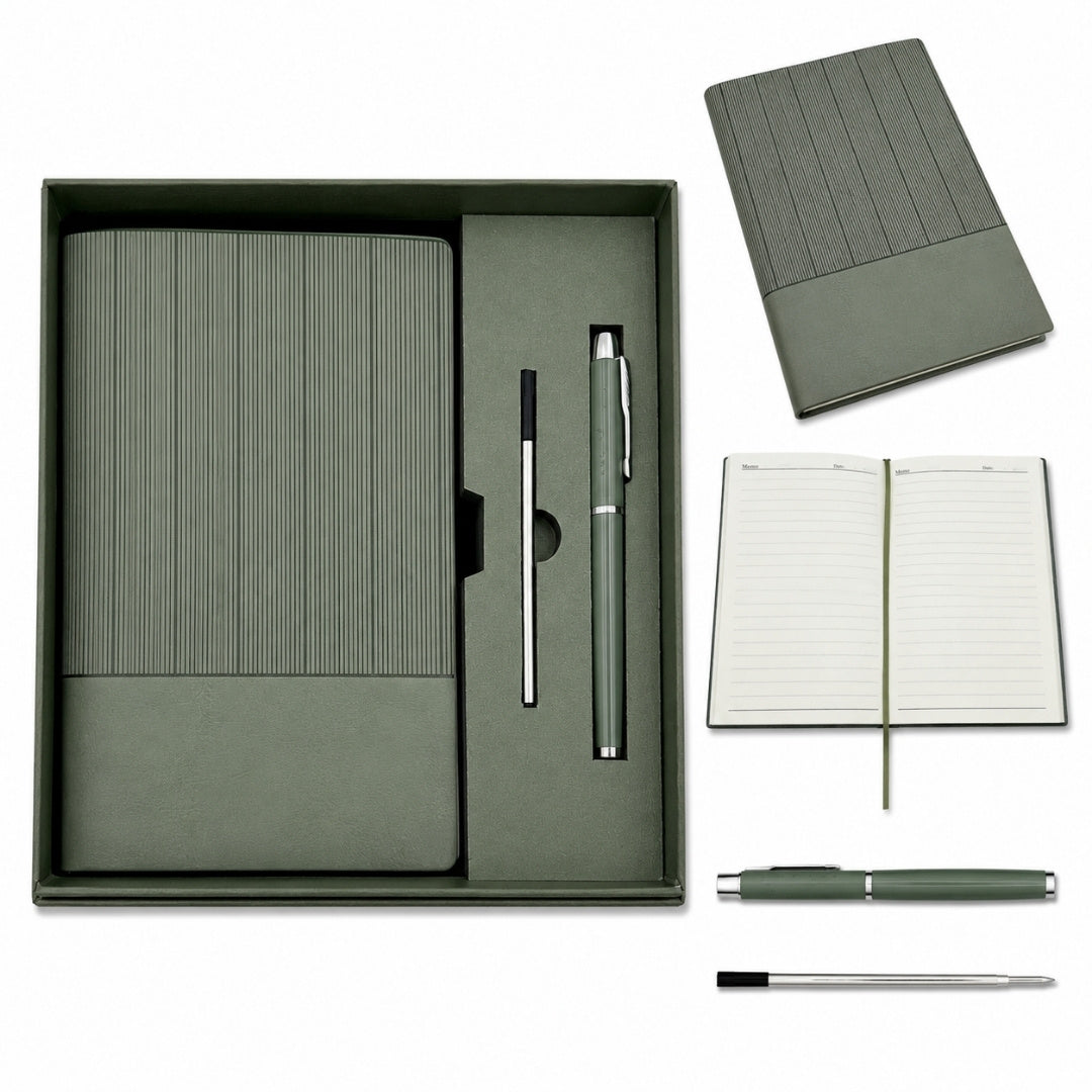 Elegant presentset - anteckningsbok i läder A5 med penna i presentask - olivgrön - EE14