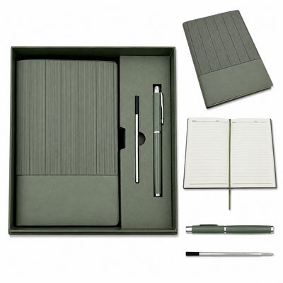 Elegant presentset - anteckningsbok i läder A5 med penna i presentask - olivgrön - EE14